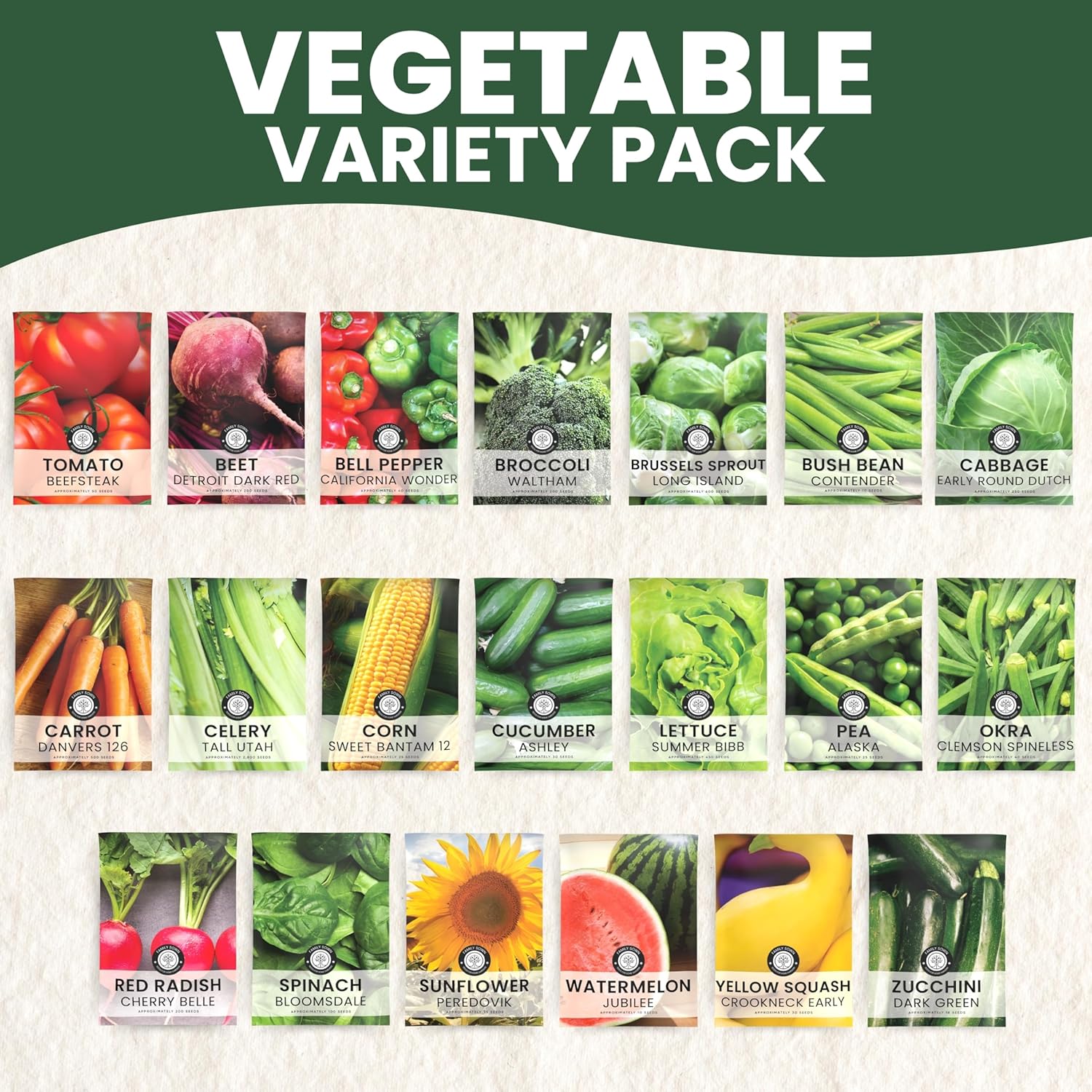 20 Vegetable Seed Packets | Survival Variety Pack – Family Sown