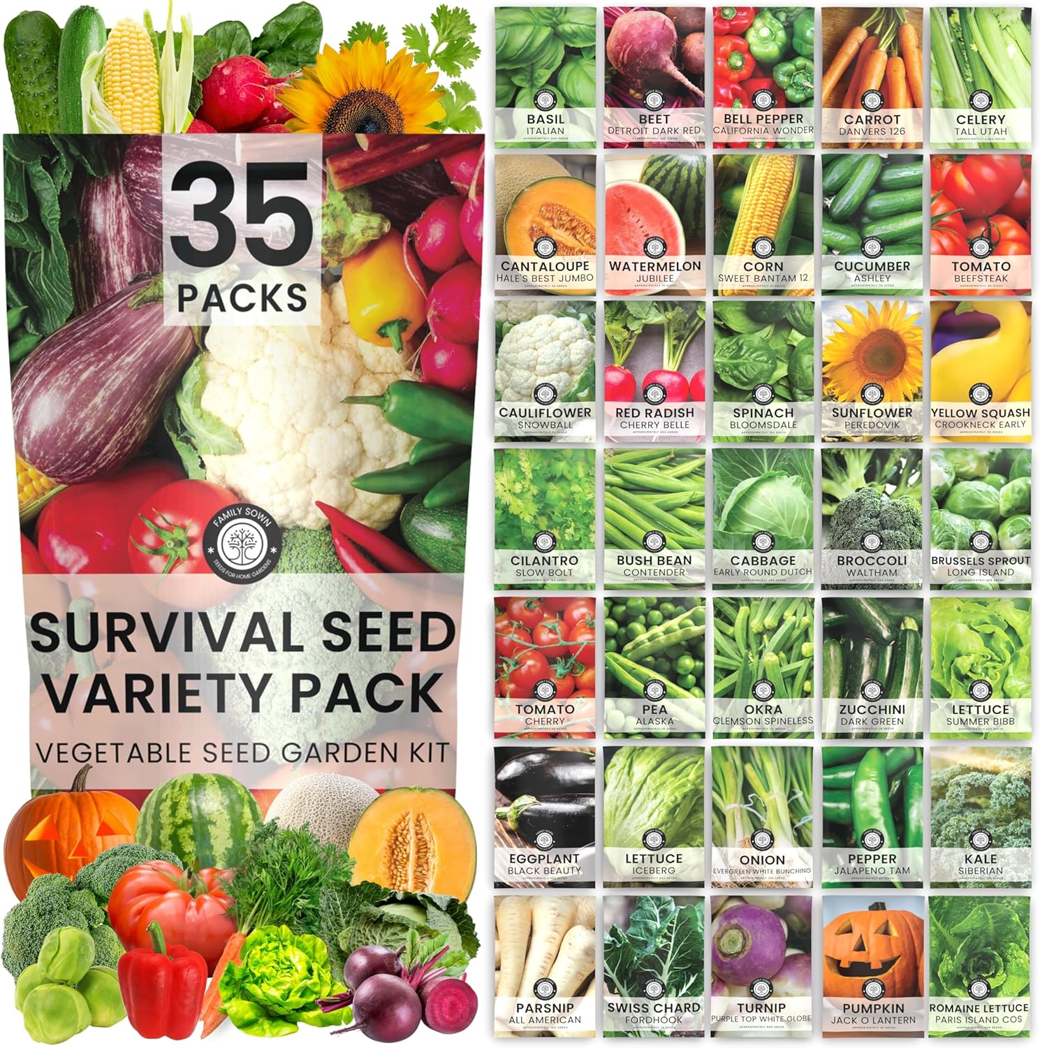SEED 商品 35 Vegetable Seed Packets | Survival Variety Pack – Family Sown