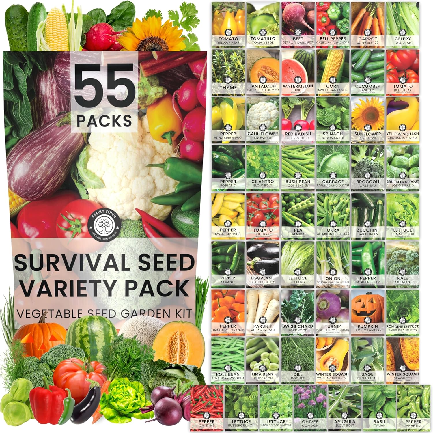 55 Vegetable Seed Packets | Survival Variety Pack – Family Sown