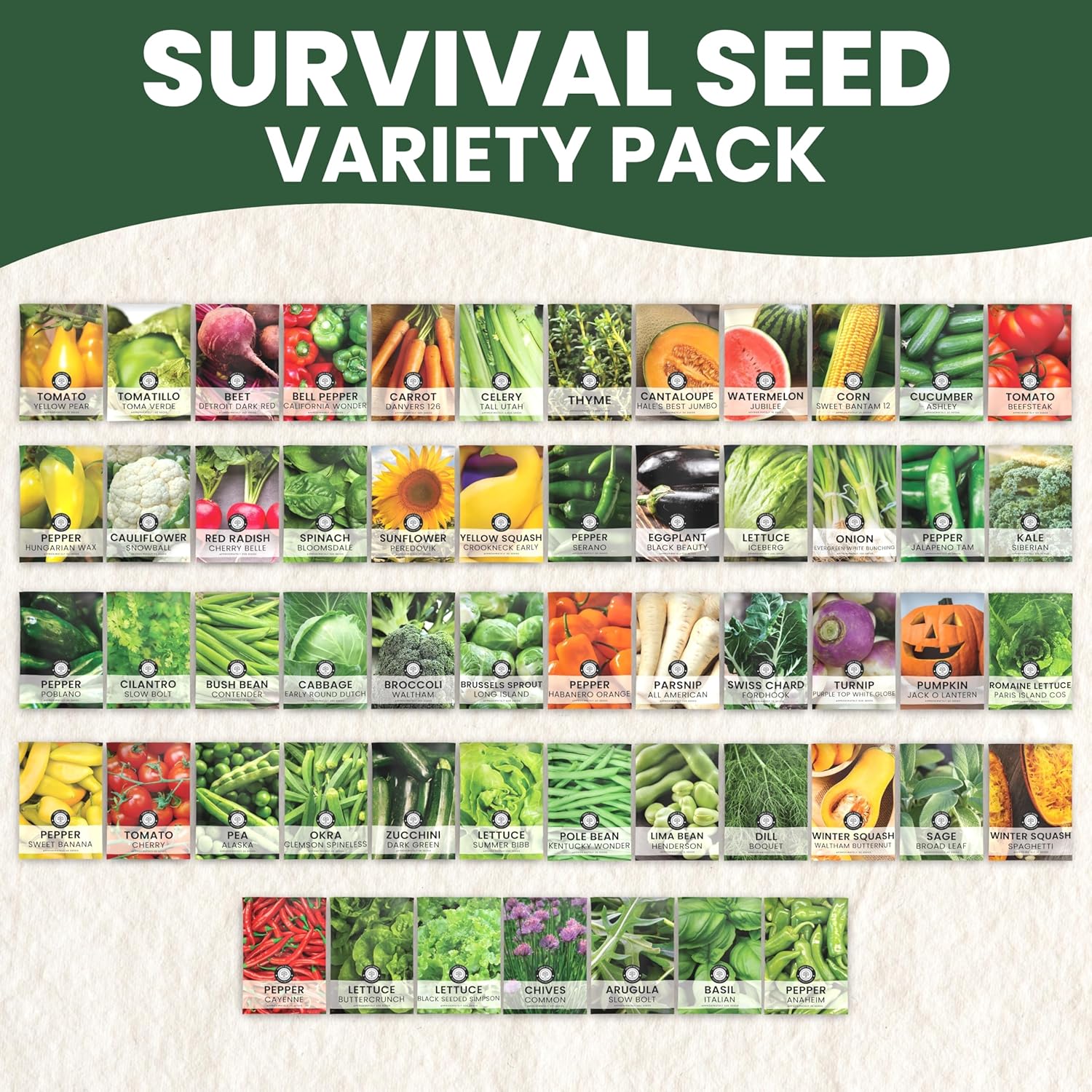 55 Vegetable Seed Packets | Survival Variety Pack – Family Sown